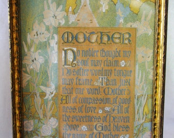 Antique / Vintage Picture: Art Deco Gilded "Mother" Poem w/ Lilys, Flowers, Cottage, 1920s