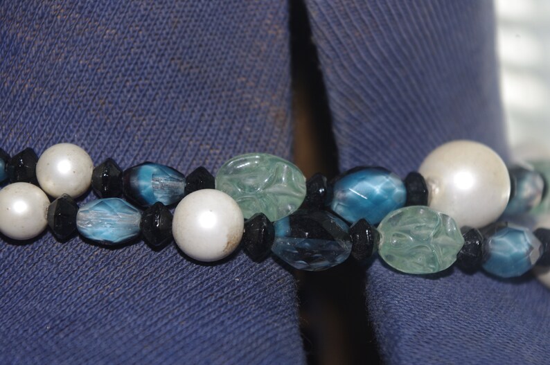 Vintage 2 Strand Beaded Necklace Pearls Black Blue Glass Green Plastic Beads Choker 1950s