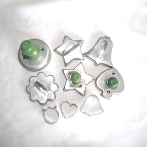Vintage Cookie Cutters: Green Wooden / Metal Handle - Stars, Biscuit, Spade, Bells, Flowers, 1940s-70s