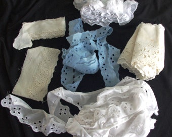 Vintage Eyelet Trim Grab Bag: 1960s-70s Cotton Eyelet, White / Off-White / Light Blue