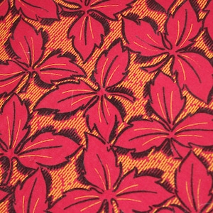 Vintage Fabric: Black Flocked Flowers & Yellow Stripes on Red, 1950s, Printed Cotton