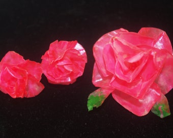 Vintage Demi Parure / Brooch / Pin & Earring Set: Painted Capiz Shell Rose, 1950s / 50s / MCM