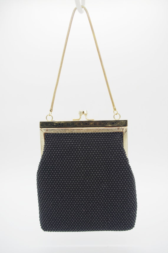 Vintage Beaded Evening Bag: Black Plastic Polka D… - image 3