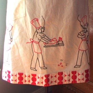 Vintage 1950s Apron: Embroidered, Full w/ Comic, Man Doing Household Chores & Polka Dots, Red / White / Black, 50s / MCM