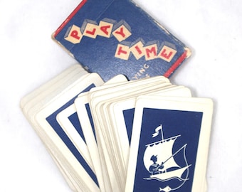 Cartas de baralho infantis vintage: "Play Time" Veleiro / Marinheiro com peixe, década de 1950