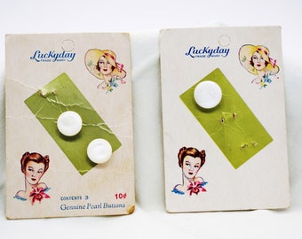 Two Vintage Button Cards: "Luckyday" Pearl Buttons, Beautiful Ladies Graphics, 1940s