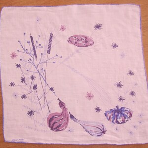 Vintage Jeanne Miller Hankie / Handkerchief: Gourds Pumpkin Cattails Grasses Pink Purple Blue