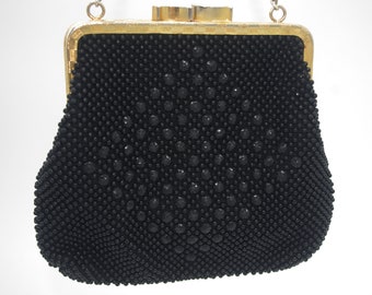 Vintage Beaded Evening Bag: Black Plastic Polka Dots with Gold Frame 1960s