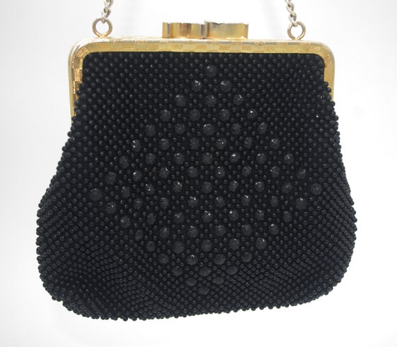 Vintage Beaded Evening Bag: Black Plastic Polka D… - image 1