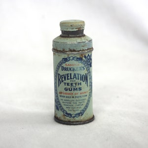 Vintage "Drucker's Revelation for Teeth and Gums" Tooth Powder Tin: Advertising Tin Sample / Gift Size,  2.75" Light Blue, 1940s