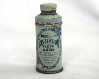 Vintage "Drucker's Revelation for Teeth and Gums" Tooth Powder Tin: Advertising Tin Sample / Gift Size,  2.75" Light Blue, 1940s