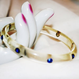 Vintage Clear Lucite Bangle w/ Royal Blue Rhinestones