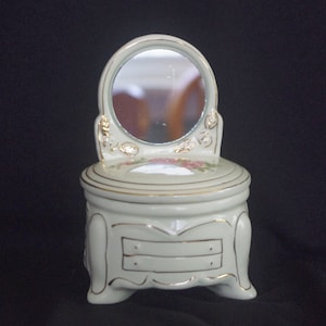 Vintage Lidded Trinket Dish / Dresser Jar / Vanity: Ceramic Vanity / Dresser w/ Mirror, Pink Roses / Gilding