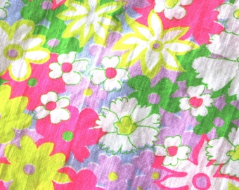 Vintage Women's Half Apron: Mod Flowers, Florescent Pink, Lime Green, Green, Purple, & Blue, Handmade 1960s / 60s