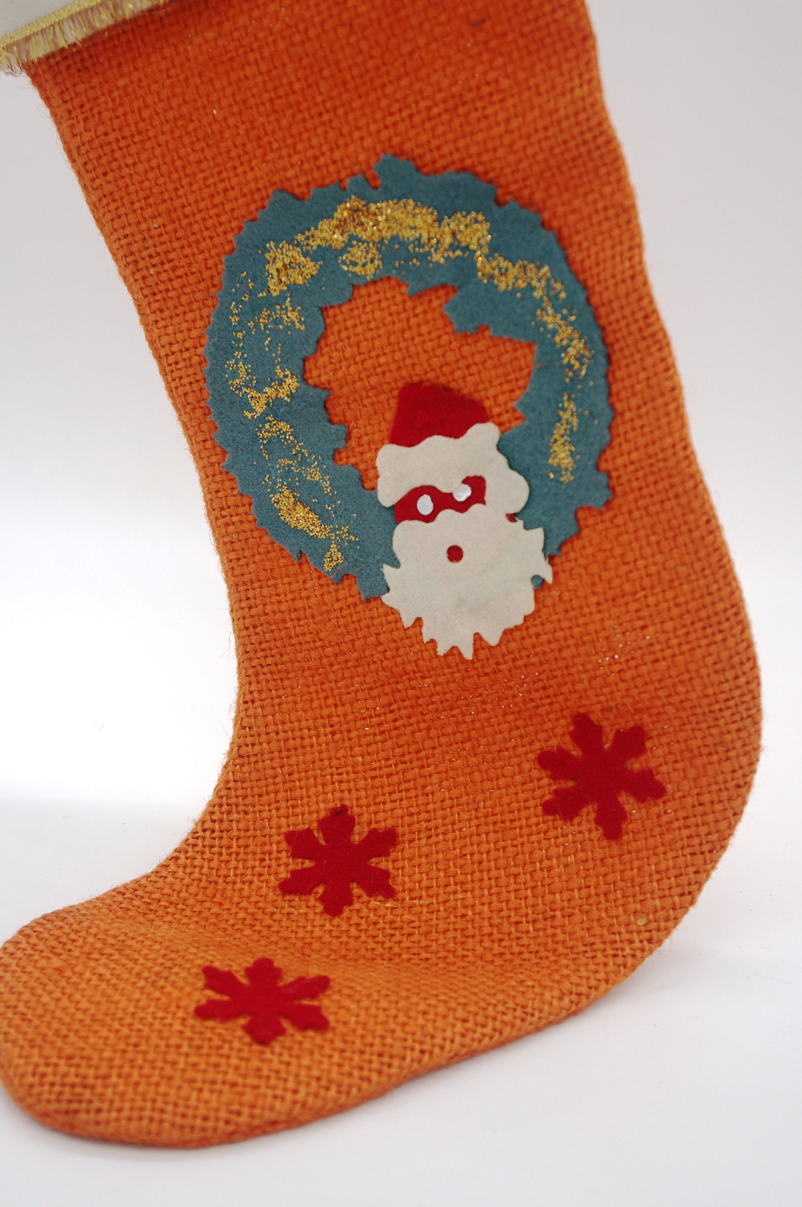 Vintage 1960s Christmas Stocking Orange Burlap With Felt Etsy