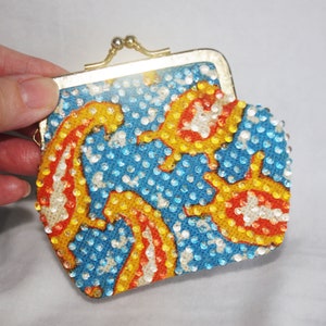 Vintage Coin Purse: 1960s Blue, Gold, Orange, & White Paisley w/ Raised Clear Plastic Dots