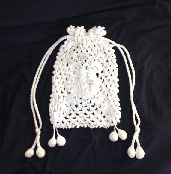Antique Crocheted Drawstring Handbag / Reticule: … - image 1