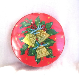 Vintage Christmas Tin: Snow Scene, Horse & Sleigh, Red Atomic Background 1950s