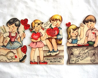 3 tarjetas de San Valentín antiguas: profesora, de la misma serie, años 60