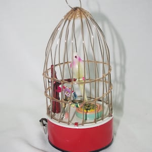 Vintage Wind-Up / Mechanical Toy: Celluloid Bird in Cage, Moves to Eat, MIJ, 1950s