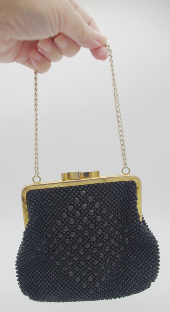 Vintage Beaded Evening Bag: Black Plastic Polka D… - image 5