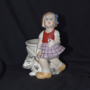 Vintage Ceramic Planter: Walking Girl w/ Dog / Schnauzer, Japan