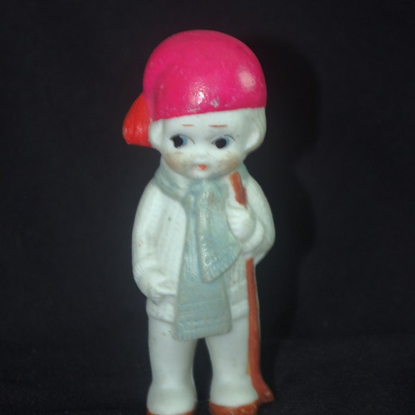 Vintage Bisque Doll: Boy w/ Hat, Scarf, & Walking Stick, 3.75" Japan