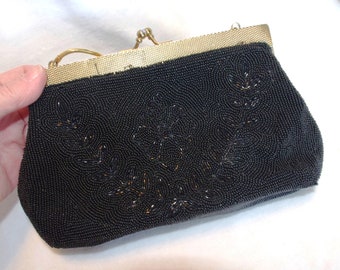 Vintage Handbag / Evening Bag: 1950s "Bags by Debbie" Black Seed Bead w/ Black Bugle Bead Flowers & Leaves
