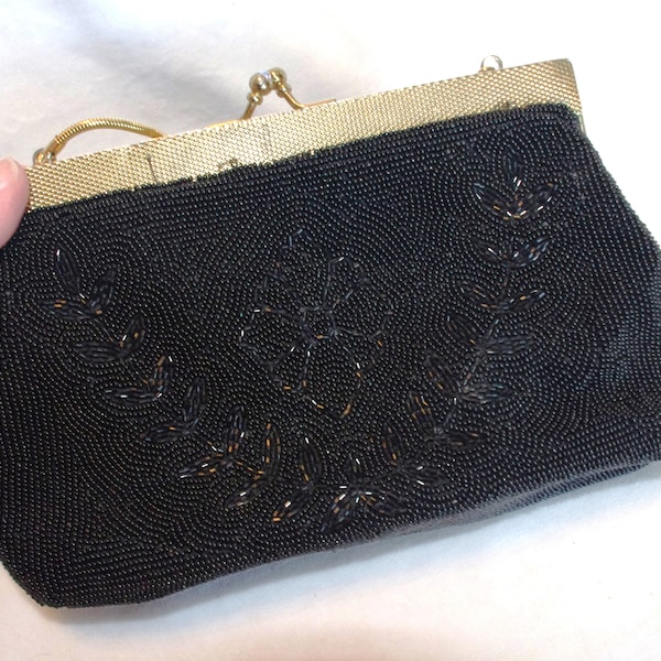Vintage Handbag / Evening Bag: 1950s "Bags by Debbie" Black Seed Bead w/ Black Bugle Bead Flowers & Leaves