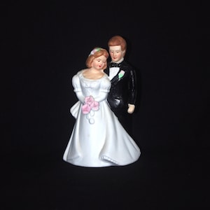 1980s Wedding Cake Topper: Bisque, Large Bride & Groom, Painted, 6.25&quot;