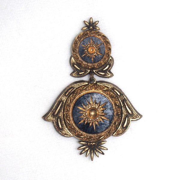 Vintage Brooch / Pin: Victorian Revival Etched Starburst Black Glass on Gold w/ Dangle