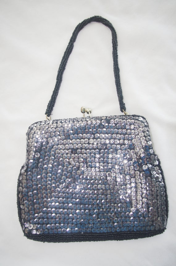 Vintage Evening Bag: Dark Gray Sequined & Black B… - image 2