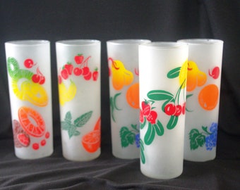 Vintage Barware / Glasses: 5 "Federal Glass" Tall Frosted Fruit Tom Collins Glasses