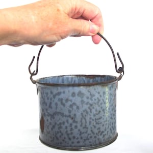 Vintage Small Graniteware / Granite Ware / Splatterware / Enamelware Bucket w/ Bail Handle, 1930s Light Blue & Gray