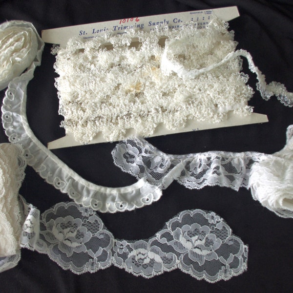 Vintage Lace Trim Grab Bag: 1960s-70s White / Off White Nylon / Cotton Lace & Eyelet