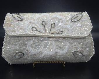 Vintage 1950s Beaded Evening Bag w/ Pearl Beads & Sequins Flowered