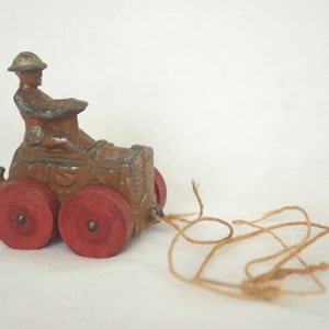 Vintage Lead Toy: Small U.S. Army Tank  / Vehicle w/ Wooden Wheels, Early 1900s / WW1