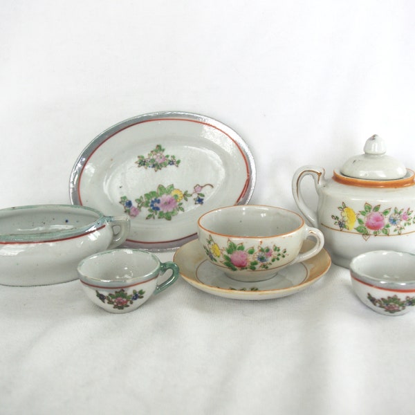 Vintage Toy / Child's Dishes: From Two Ceramic Sets, 8 Pieces, Flowers / Floral, Lusterware / Lustreware, Japan