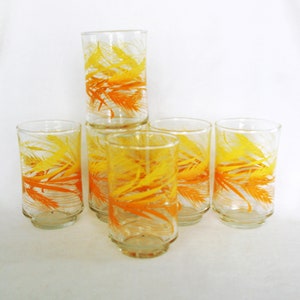 6 Vintage Juice / Drink Glasses: Libbey &quot;Wheat&quot; Yellow / Gold / Orange