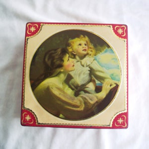 Scatola di latta vintage: &quot;Thorne&#39;s Toffee&quot; Leeds, Inghilterra, Madre e figlio, Coperchio con cerniera, Rosso/Oro