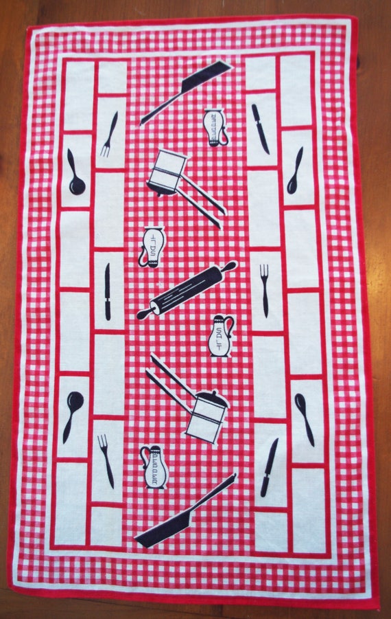 Vintage Printed Linen Kitchen Towel Cloth Tea Red Black White Checks Goods