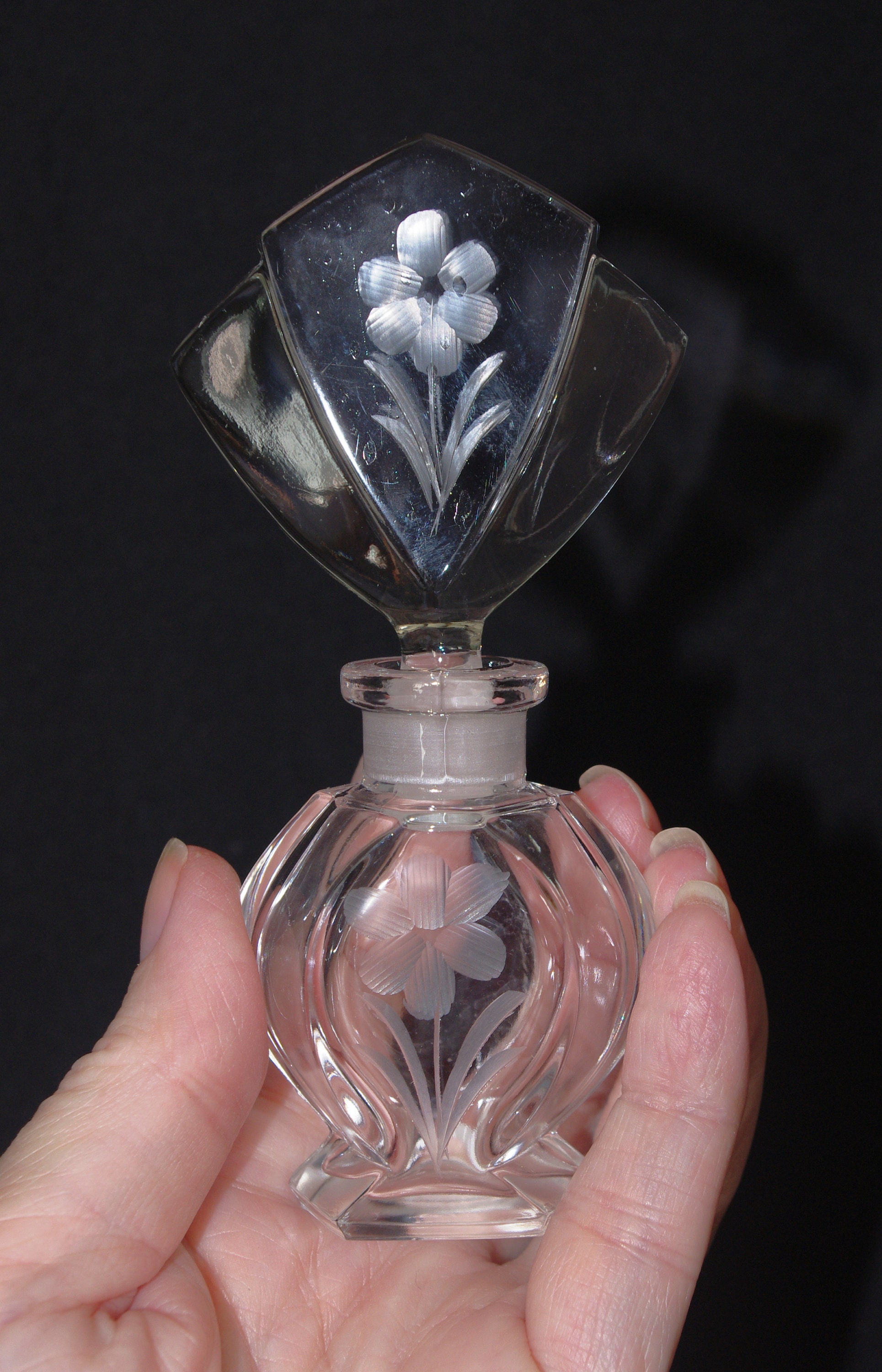 Vintage Lead Crystal Perfume Bottle: Etched Glass W/ Ornate