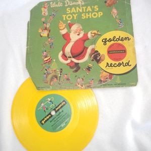 Vintage 45 RPM Record: YELLOW Record, 1950 / 1950s, Walt Disney Records &quot;Santa&#39;s Toy Shop&quot; Mitch Miller & The Sandpipers
