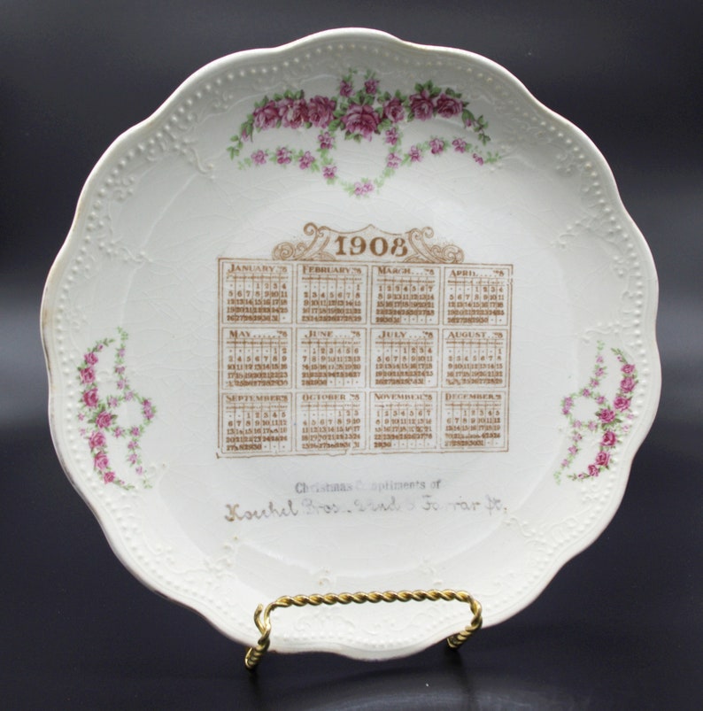 Vintage / Antique Calendar Plate Pink Roses 1908 Calendar Etsy