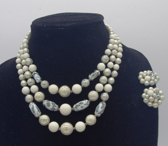 Vintage Beaded Necklace & Earring Set: White Silv… - image 2
