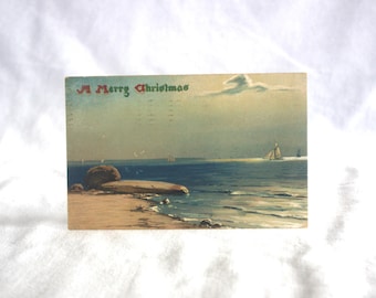 Antique Postcard: Raphael Tuck & Sons "A Merry Christmas" Unusual Embossed Beach Scene w/ Sailboat, 1908