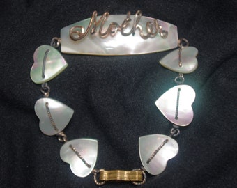 Vintage Name Bracelet: Mother of Pearl Hearts "Mother"