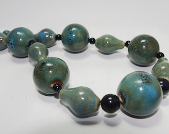 Handmade Necklace: Green, Blue, & Black Ceramic and Vintage Glass Beads