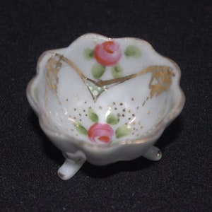 Vintage Porcelain Open Salt Cellar / Dip: Footed, Hand-Painted Flowers, Raised Dots, & Gilding