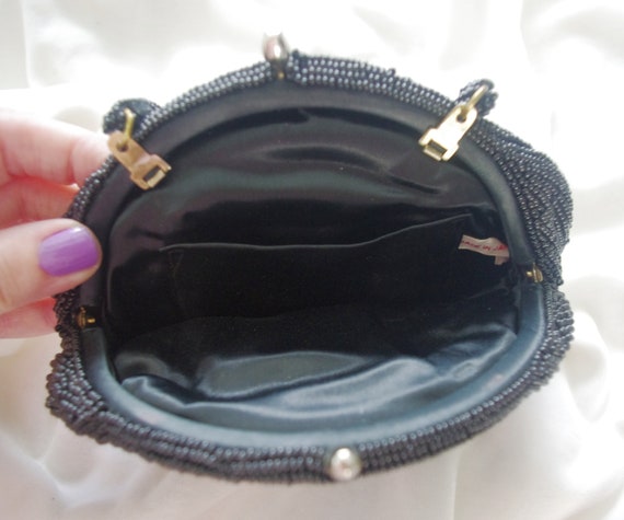 Vintage Beaded Evening Bag: Black Bugle Bead Flow… - image 5